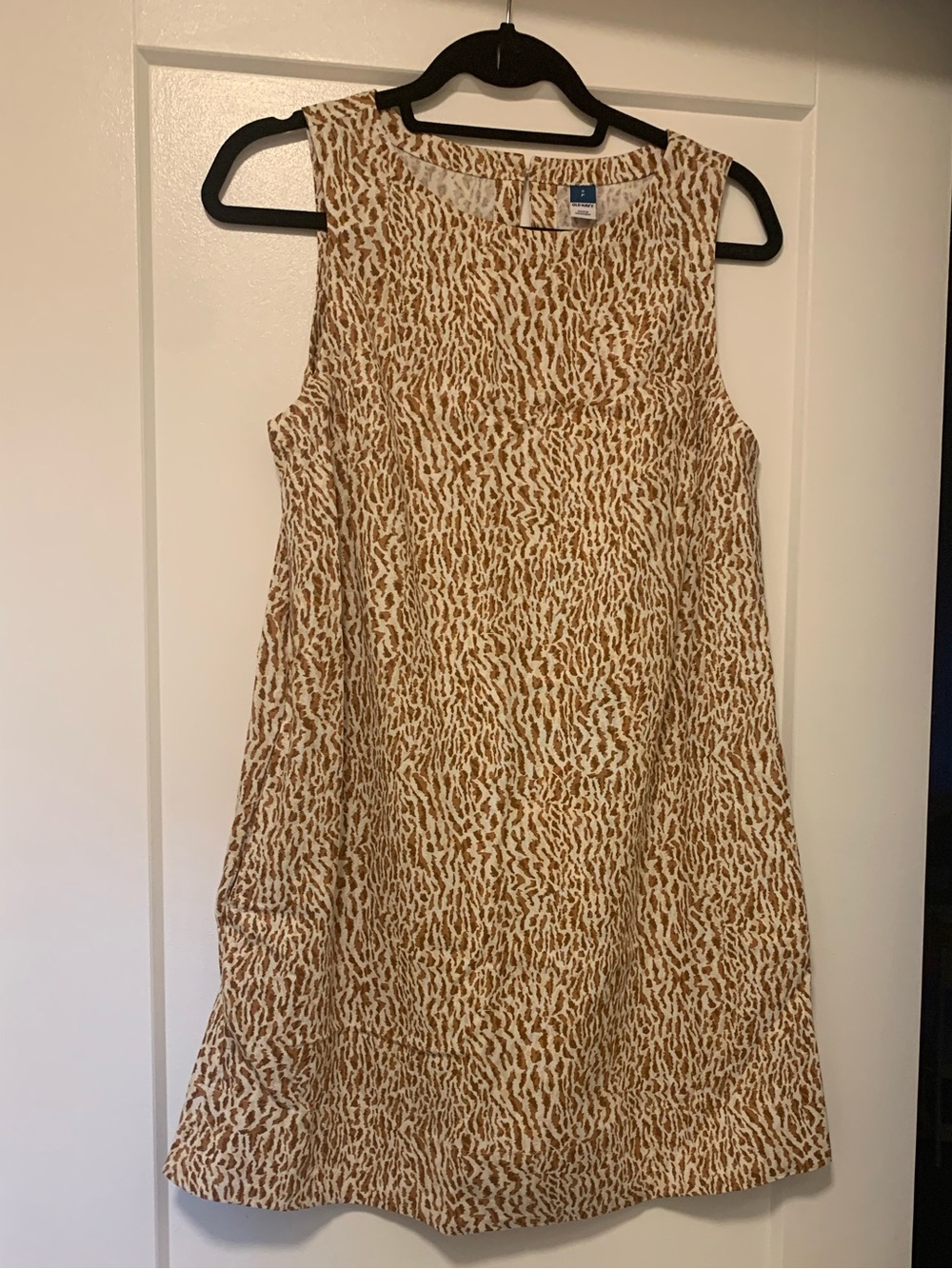 Old Navy Small Cream and Brown Animal-Print Linen Blend Dress